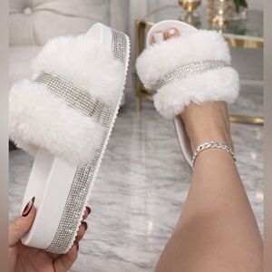 White Furry Slide Sandals